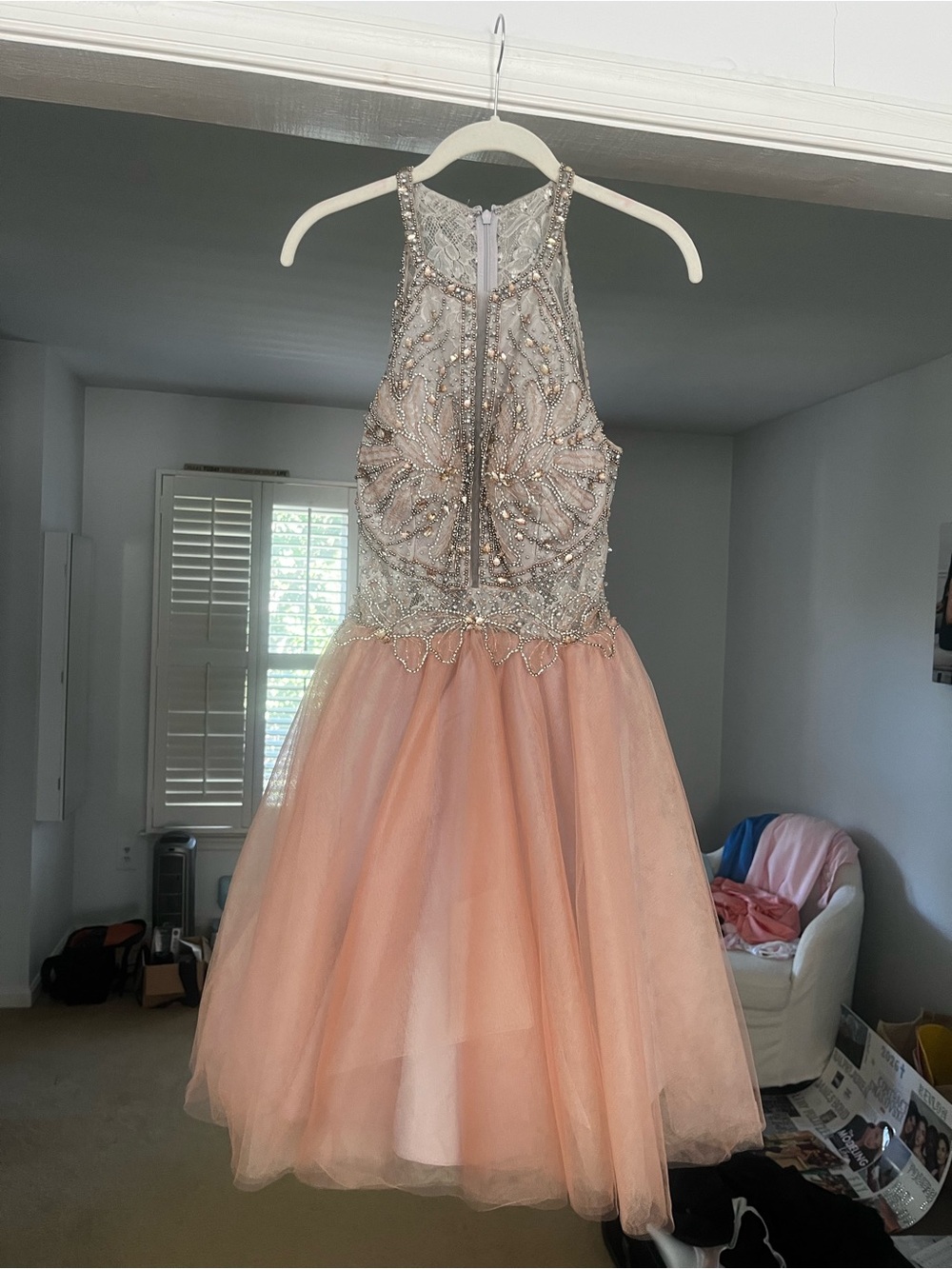 Terani Couture Peach Tulle Halter Dress with Silver Beaded Bodice